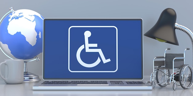Icono de silla de ruedas en una ilustración 3d de pantalla de computadora portátil