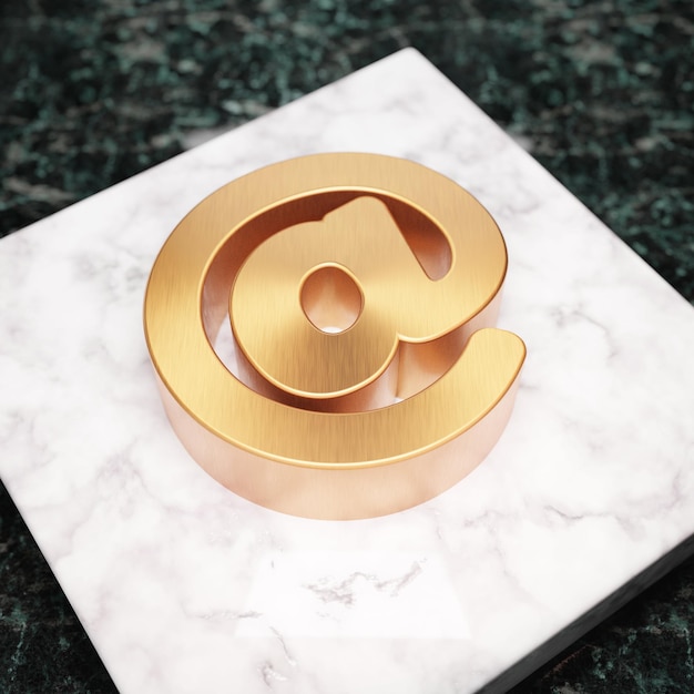 En el icono. Símbolo de bronce en el podio de mármol blanco. Icono de sitio web, redes sociales, presentación, elemento de plantilla de diseño. Render 3D.