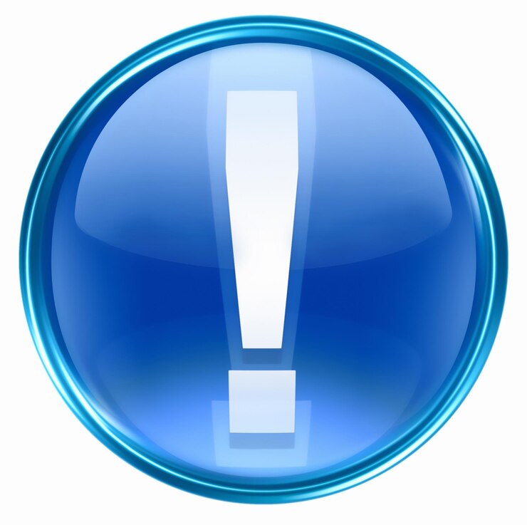El icono del símbolo de exclamación azul aislado en blanco