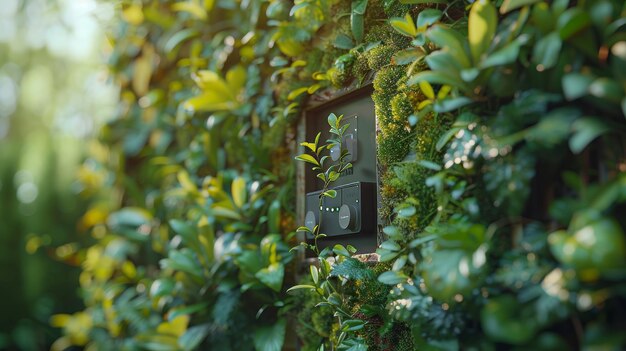 Foto icono del sistema de hogar ecológico en la pared de hojas verdes