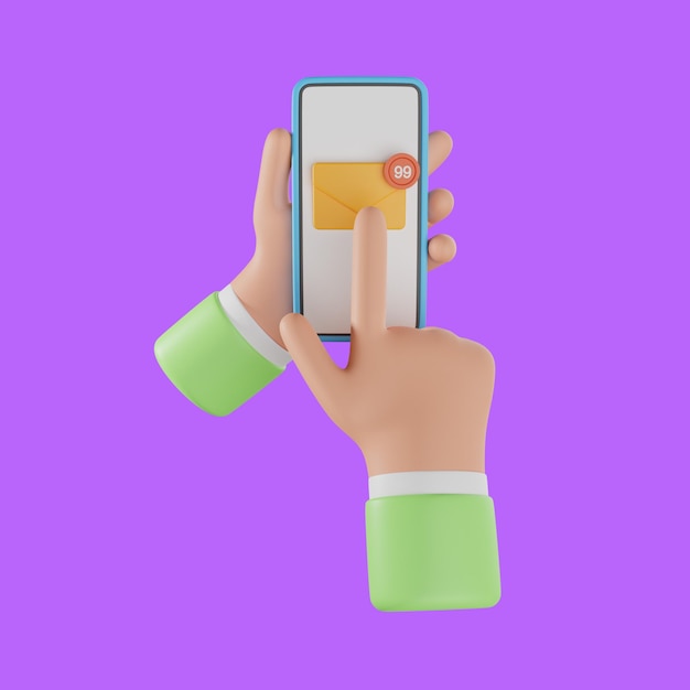 Ícono de sobre de correo electrónico 3d con notificación de nuevo mensaje en la mano que sostiene el teléfono inteligente. mensaje de boletín