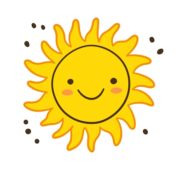 Foto icono del sol dibujado a mano sonrisa sol amarillo con símbolos de rayos dibujos de niños dibujos a mano personaje estrella señal de clima caliente ilustración vectorial aislada sobre fondo blanco