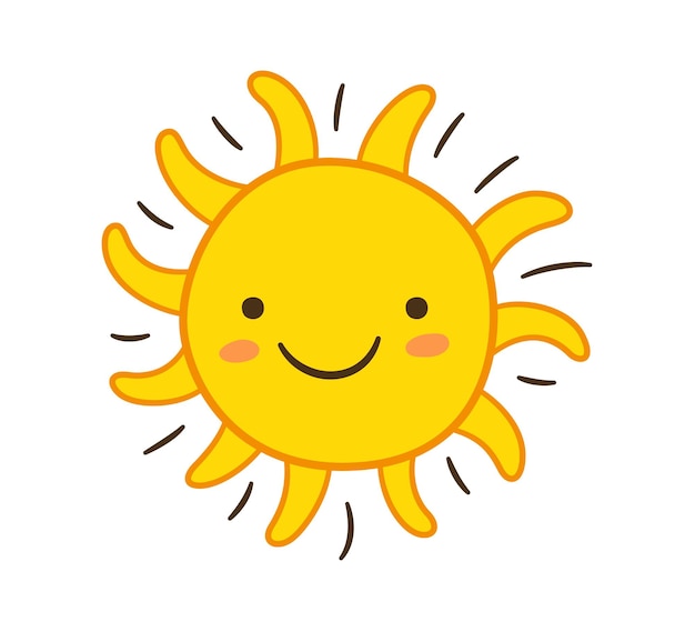 Foto icono del sol dibujado a mano sonrisa sol amarillo con símbolos de rayos dibujos de niños dibujos a mano personaje estrella señal de clima caliente ilustración vectorial aislada sobre fondo blanco