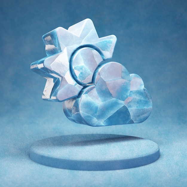 Icono de sol de nube. Símbolo azul agrietado del sol de la nube de hielo en el podio de la nieve azul. Icono de redes sociales para sitio web, presentación, elemento de plantilla de diseño. Render 3D.