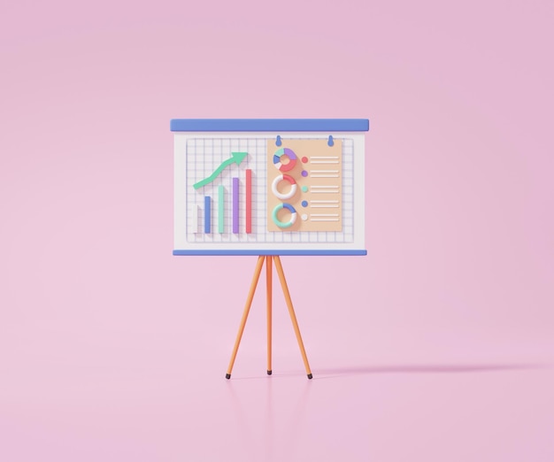 Icono de tablero sobre fondo rosa con gráfico de presentación de datos gráfico financiero economía estadísticas análisis crecimiento objetivo planificación inversión educación concepto estrategia bander 3d render ilustración