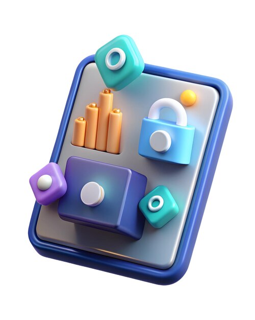 Icono de tableta 3D con violación de datos holográfica e íconos de acceso seguro en una configuración de escritorio minimalista Glo