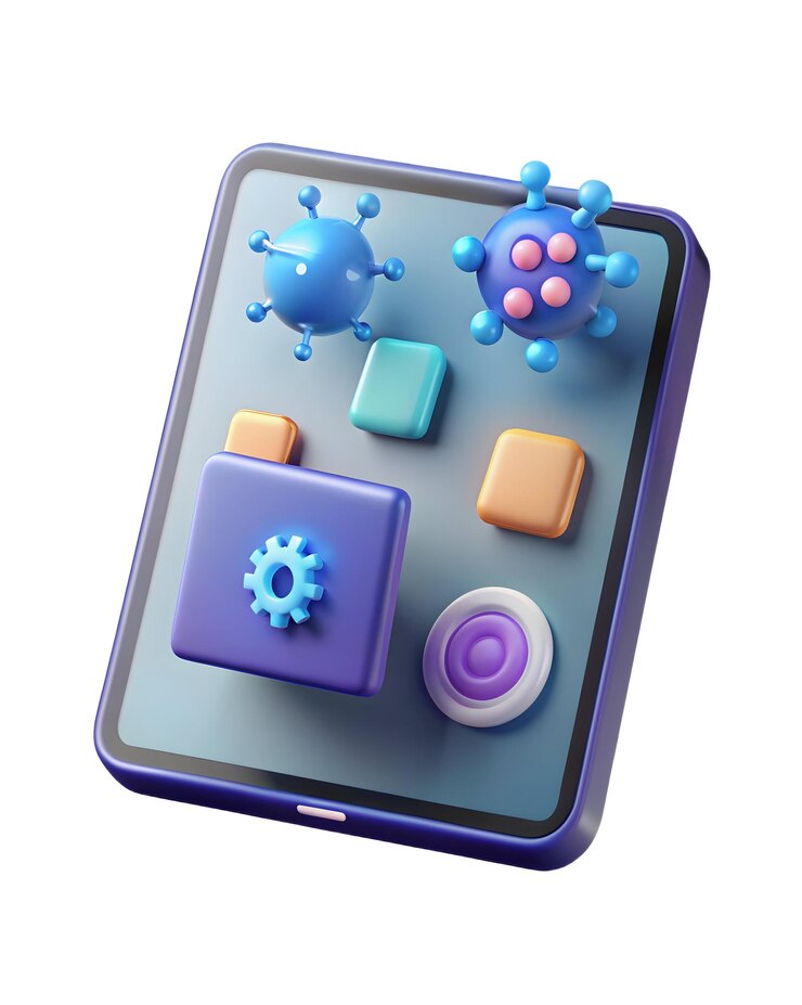Foto icono de tableta 3d con virus holográfico e iconos de cortafuegos movimiento de diapositivas de la cámara que muestra p digital