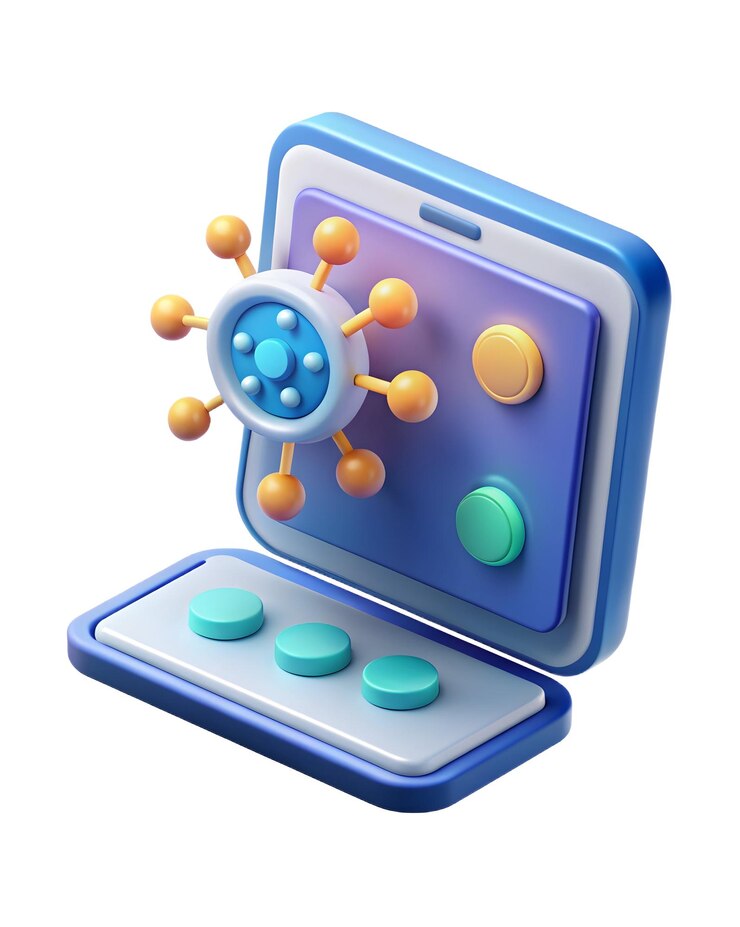 Foto icono de tableta 3d con virus holográfico y iconos de cortafuegos moviéndose a través de la pantalla configuración de escritorio minimalista