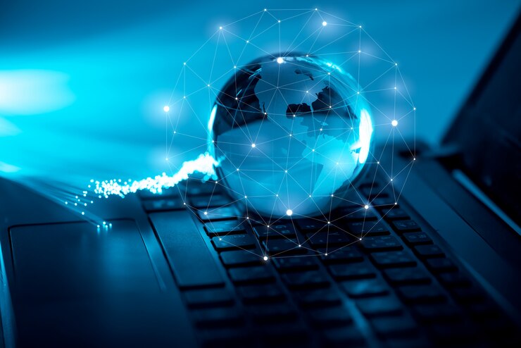 Foto icono de tecnología global y red en el teclado de la computadora