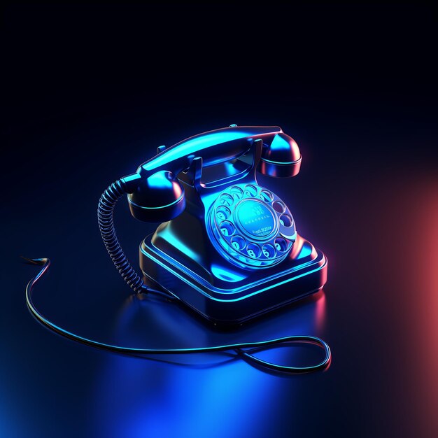 Icono de teléfono 3D de brillo vibrante iluminado por luces de neón sobre un fondo azul