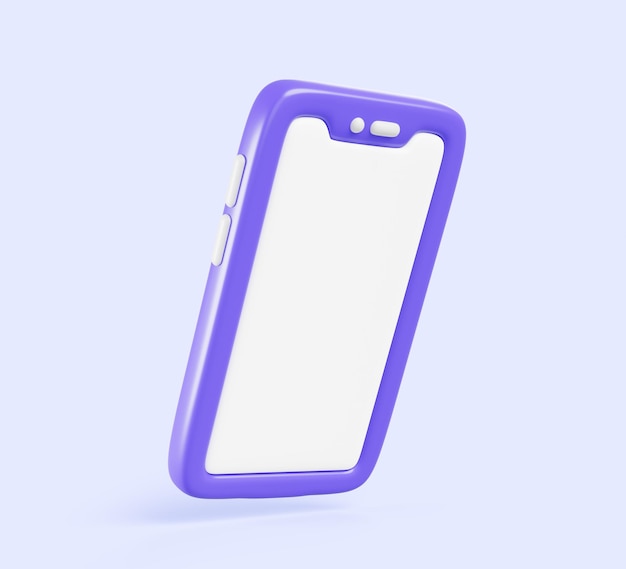 Icono de teléfono inteligente 3D con pantalla blanca vacía Renderización de maquillaje animado de teléfono móvil púrpura con pantalla táctil en blanco aislada en fondo azul plantilla de vista de ángulo para diseño de UI de juego