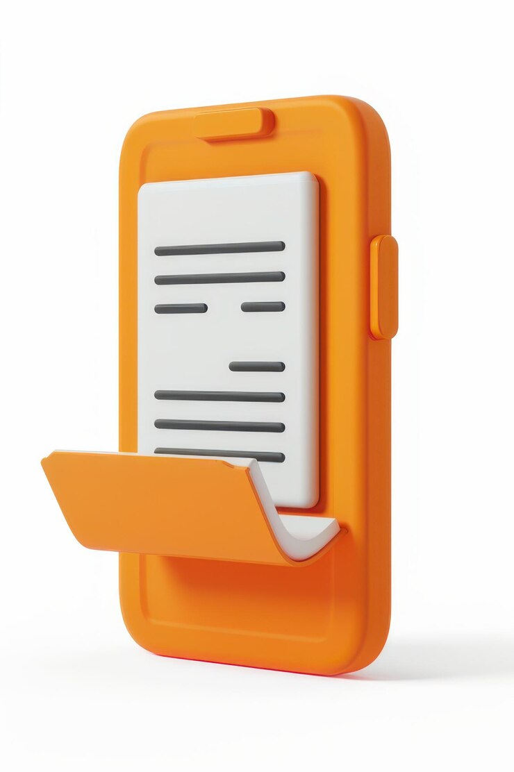 Icono de teléfono inteligente minimalista naranja y blanco con un diseño de bloc de notas aislado en un fondo blanco