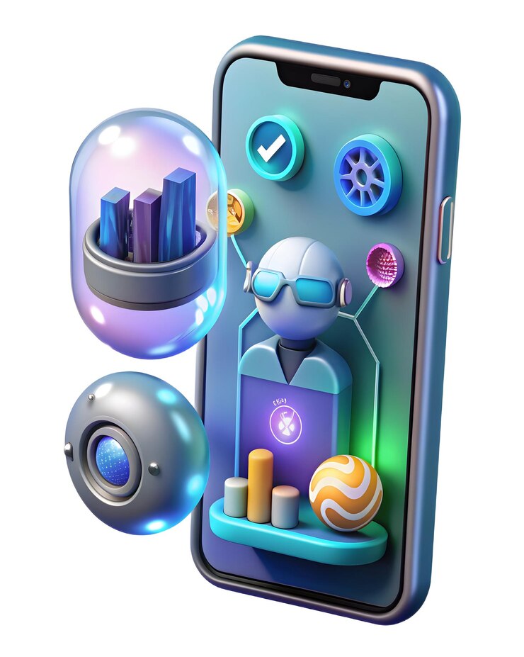 Foto icono de teléfono móvil 3d con red segura holográfica e iconos de virus ambiente tecnológico con di