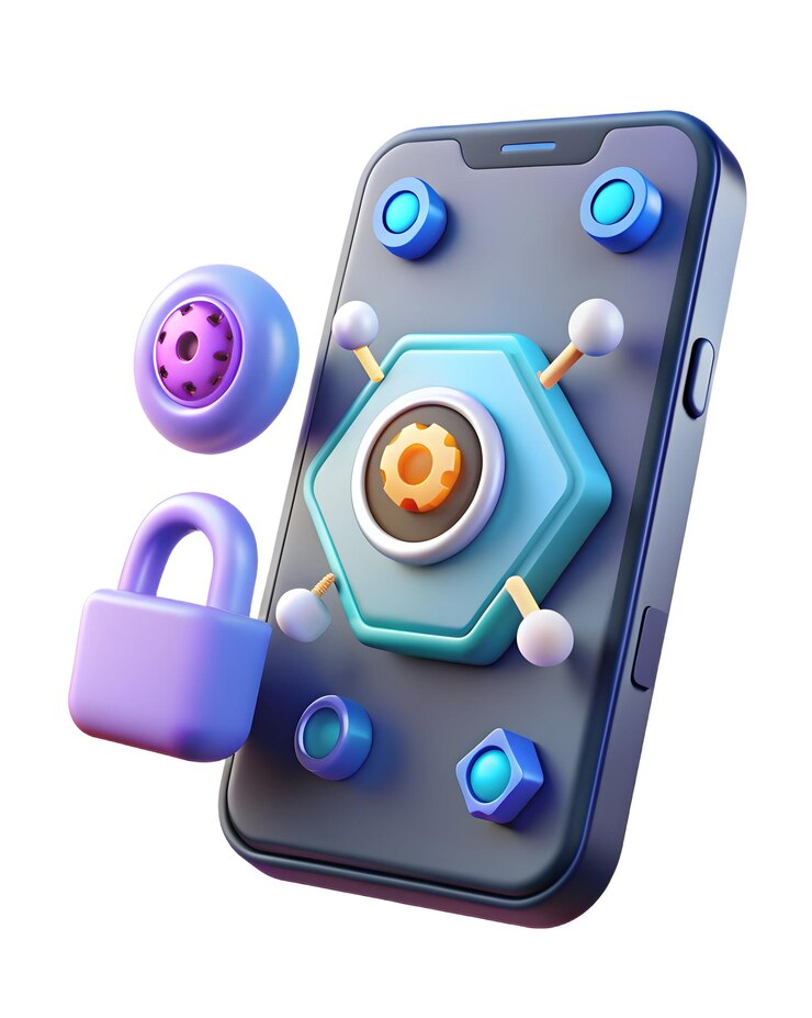 Foto icono de teléfono móvil 3d con spyware holográfico e íconos de red seguros girando en un entorno tecnológico