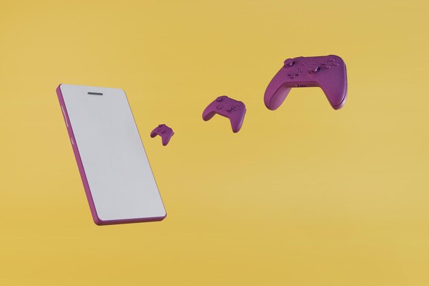ícono de un teléfono y varias consolas de juegos en púrpura. jugadores gamepads sobre un fondo amarillo.