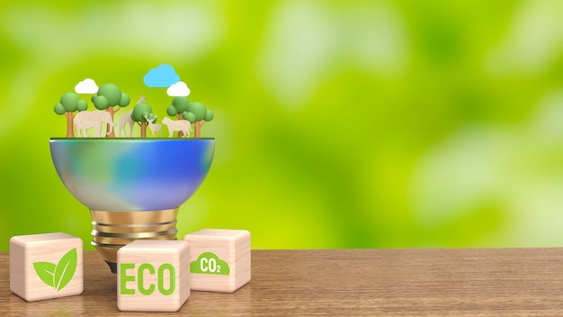 El icono de la tierra y el eco en el cubo de madera para la representación 3d del concepto de ecología