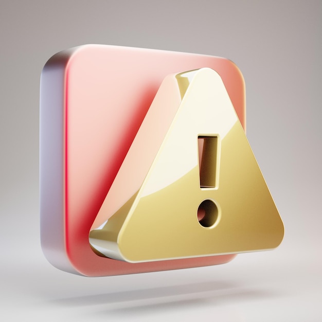 Icono de triángulo de exclamación. Símbolo de triángulo de exclamación de oro en placa de oro mate rojo. 3D prestados icono de redes sociales.