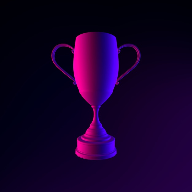 Icono de trofeo de neón ganador. Elemento de interfaz de interfaz de usuario de renderizado 3D. Símbolo oscuro que brilla intensamente.