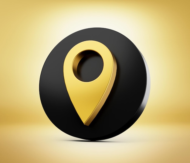 Icono de ubicación 3D redondeado en negro y dorado sobre fondo dorado Ilustración 3D