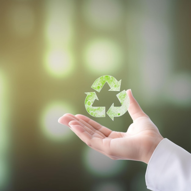 Icono de vector de reciclaje en una mano con fondo verde ecológico