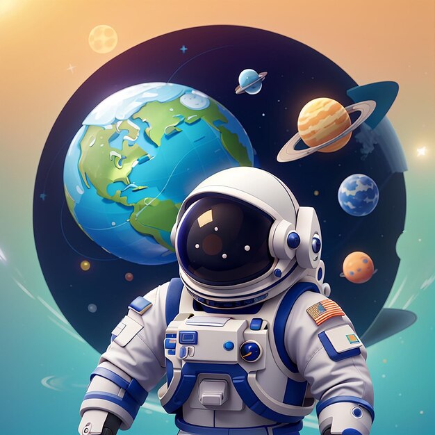 Foto icono vectorial de dibujos animados de astronauta lindo sosteniendo la tierra ilustración icono espacial concepto aislado estilo de dibuyos animados plano vectorial premium