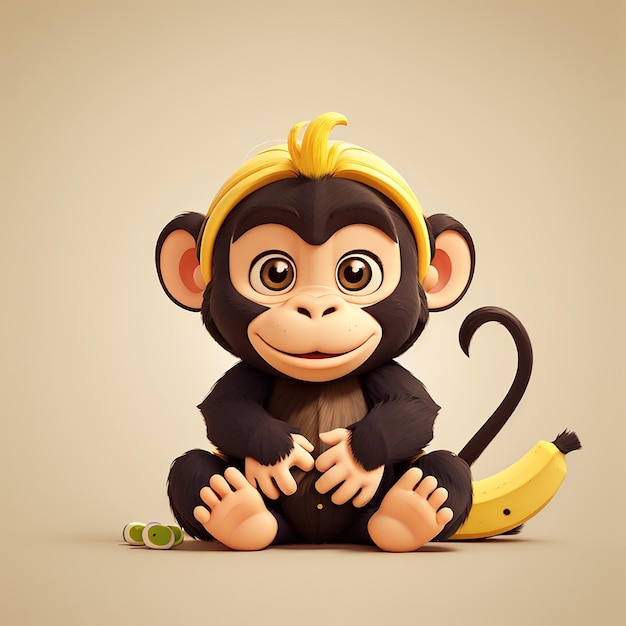 Icono vectorial de dibujos animados de bebé mono y plátano Ilustración Icono de naturaleza animal Concepto aislado Vector plano de estilo de dibujo animado premium