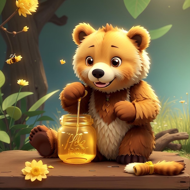 Foto icono vectorial de dibujos animados de oso lindo comiendo miel ilustración icono de naturaleza animal concepto aislado estilo plano de dibuyos animados vectorial premium