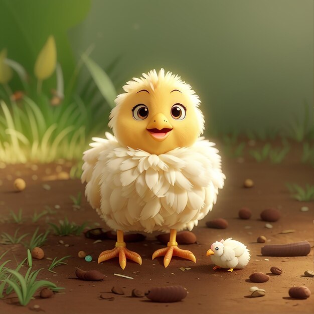 Foto icono vectorial de dibujos animados de pollo lindo que come gusanos ilustración icono de naturaleza animal concepto aislado estilo de dibujus animados plano vectorial premium