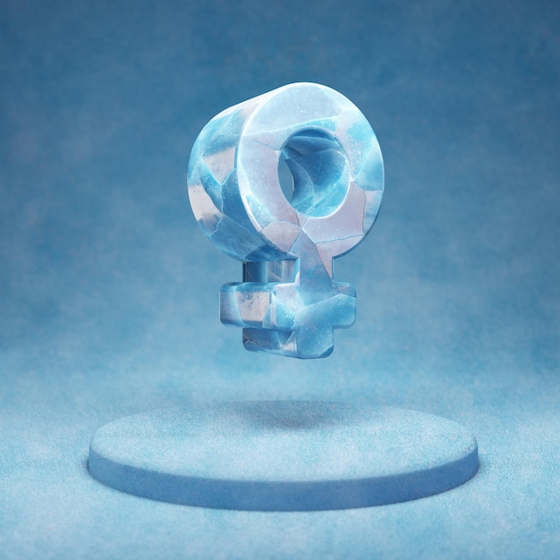 Icono de Venus. Símbolo de Venus de hielo azul agrietado en el podio de nieve azul. Icono de redes sociales para sitio web, presentación, elemento de plantilla de diseño. Render 3D.