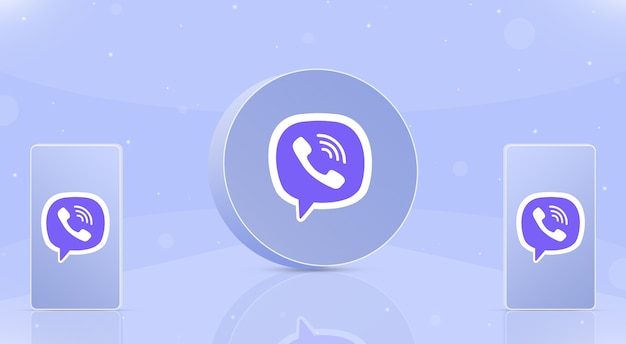 Icono de viber de botón redondo con dos teléfonos con logotipo de viber en pantallas 3d