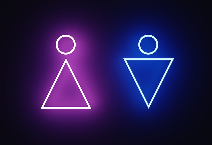 Foto icono de wc masculino y femenino en colores neón 3d render