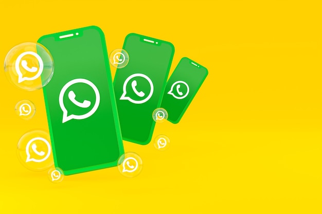 Icono de whatapps en la pantalla del teléfono inteligente o teléfono móvil 3D Render sobre fondo amarillo