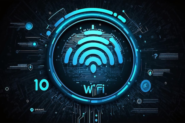 Icono de wifi cyborg con estadísticas y código binario fondo de tecnología futurista