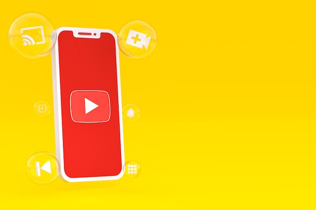 Icono de Youtube en la pantalla del teléfono inteligente o teléfono móvil 3D Render sobre fondo amarillo