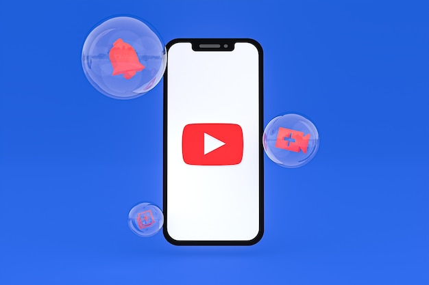 Icono de Youtube en la pantalla del teléfono inteligente o teléfono móvil 3D Render sobre fondo azul.