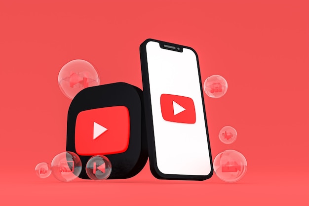 Icono de Youtube en la pantalla del teléfono inteligente o teléfono móvil 3D Render sobre fondo rojo.