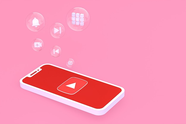 Icono de Youtube en la pantalla del teléfono inteligente o teléfono móvil 3D Render sobre fondo rosa