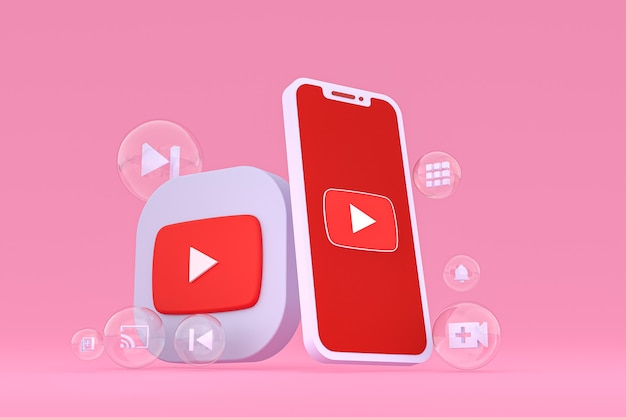 Icono de Youtube en la pantalla del teléfono inteligente o teléfono móvil 3D Render sobre fondo rosa