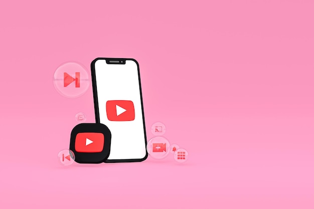 Icono de Youtube en la pantalla del teléfono inteligente o teléfono móvil 3D Render sobre fondo rosa