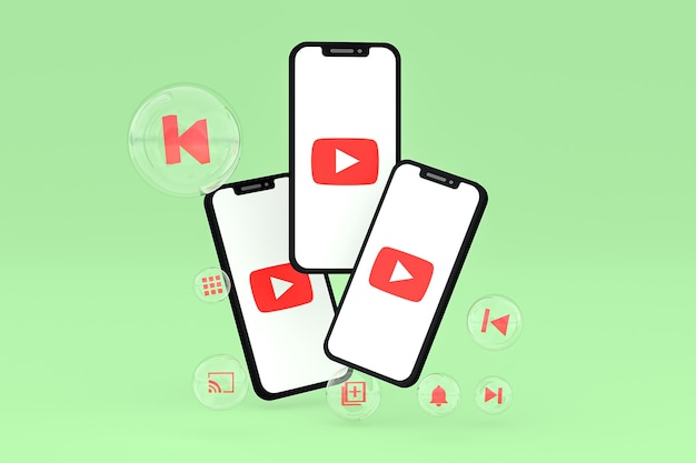 Icono de Youtube en la pantalla del teléfono inteligente o teléfono móvil 3D Render sobre fondo verde