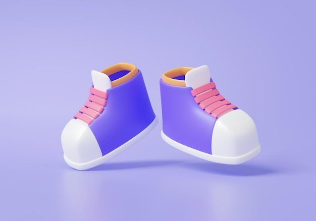 Icono de zapatos 3D estilo de dibujos animados coloridos aislado flotando sobre fondo púrpura pastel Ilustración de renderizado 3d de elemento de zapatillas suaves lindas mínimas