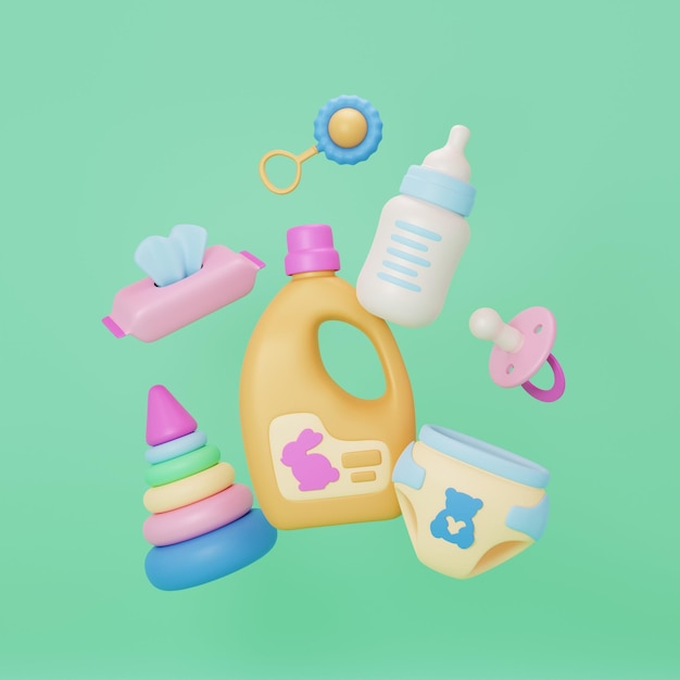 Iconos 3D de accesorios para bebés Productos para el cuidado de los recién nacidos y el ocio de los bebés sobre un fondo verde