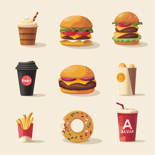 Iconos de alimentos Bebidas y rosquillas de comida rápida en estilo plano sobre un fondo beige Comida no saludable