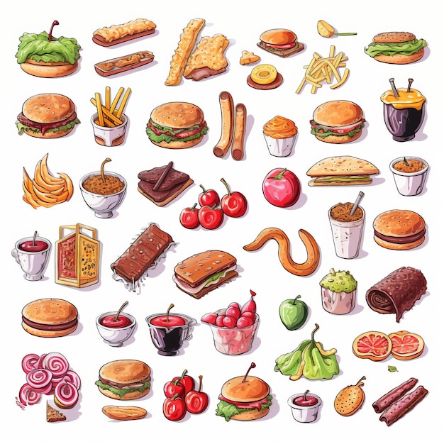 Iconos de alimentos dibujados a mano Conjunto de súper alimentos Caramelos Hamburguesas Pastelería Frutas