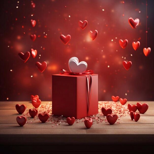 Iconos de amor 3D como corazones flotando en una pequeña caja de regalos roja con el día de San Valentín del 14 de febrero