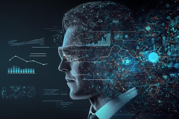 Iconos de análisis masculino de proceso cibernético de datos comerciales