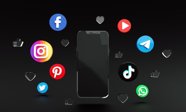 Iconos de aplicaciones de redes sociales alrededor de teléfonos inteligentes 3d foto premium