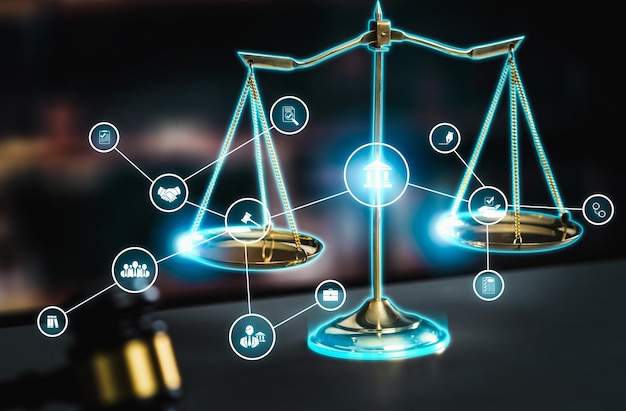 Iconos de asesoramiento legal inteligente y herramientas de trabajo de abogados expertos en la oficina de abogados