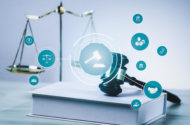 Iconos de asesoramiento legal inteligente y herramientas de trabajo de abogados expertos en la oficina de abogados