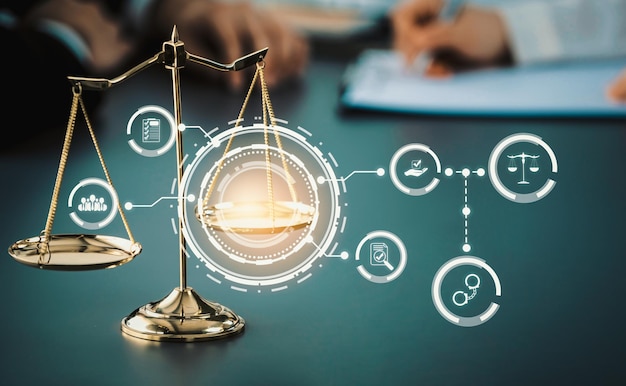 Iconos de asesoramiento legal inteligente y herramientas de trabajo de abogados expertos en la oficina de abogados